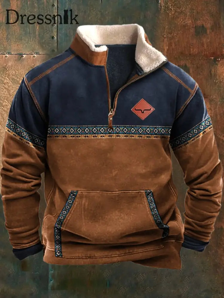 Herren Vintage Western Folk Style Spleißen 3D Bedruckt Retro Pelz Kragen Reiß verschluss Flush Outdoor Sweatshirt