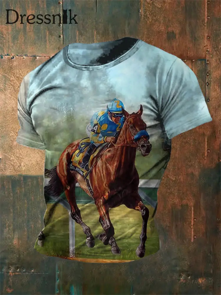Herren Vintage Western Kentucky Derby Bunter Druck Lässiges Kurzarm-T-Shirt aus Baumwolle blau / S