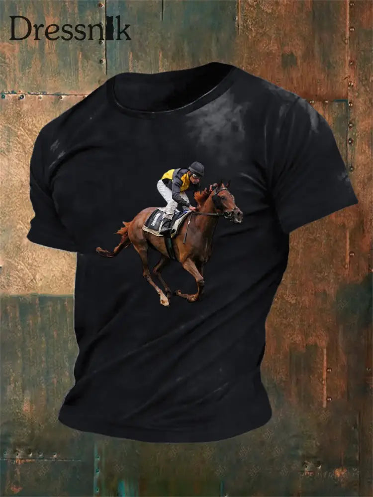 Herren Vintage Western Kentucky Derby Horse Racing Jockey Print Lässiges Kurzarm-T-Shirt aus Baumwolle Schwarz / S