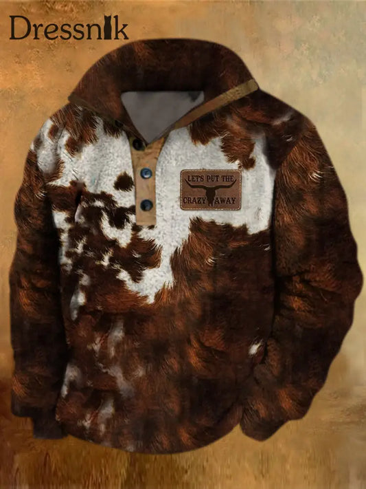 Herren Vintage Western Kuh Bedrucktes Flauschiges Fleece-Revers-Knopf-Kragen Lässiges Lockiges