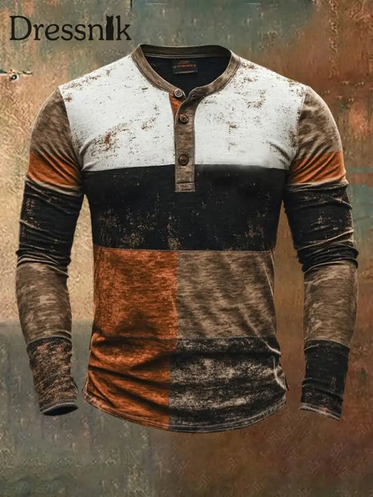 Herren Vintage Western Langarm Henley Hemd als bild / S