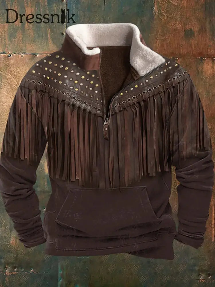 Herren Vintage Western-Niet-Fransen-Print Pelz kragen mit Reiß verschluss im Freien Sweatshirt A / S
