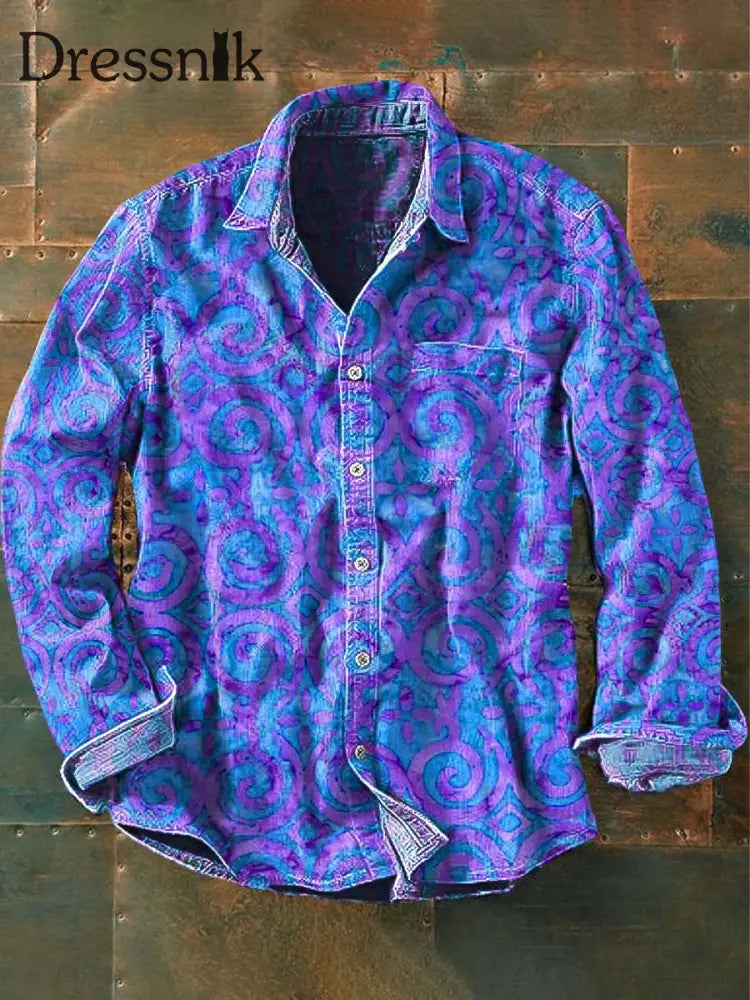 Herren Vintage Western Print Lässiges Langarm-Hemd Blau / S