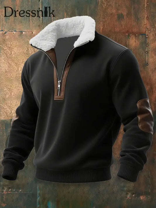 Herren Vintage Western Reiß verschluss Pelz kragen Sweatshirt Schwarz / S