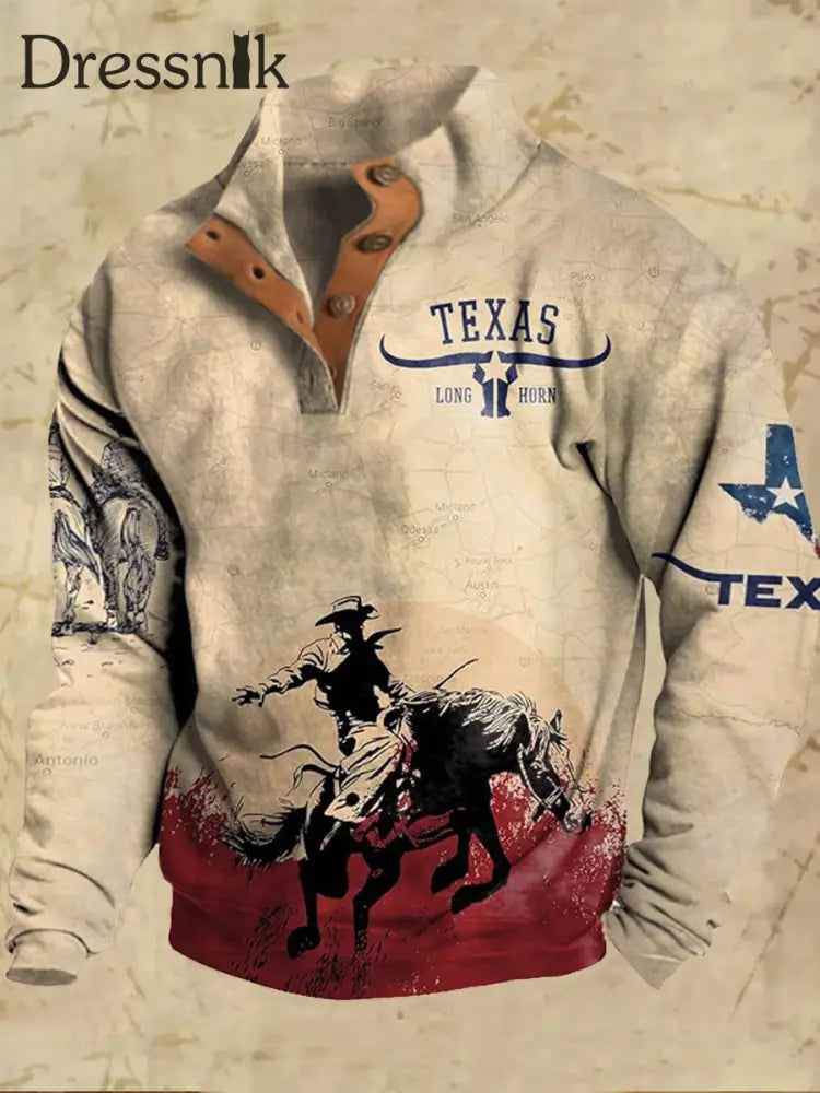 Herren Vintage Western Silhouetten Druck lässig Lose Stand Kragen Knopf Sweatshirt A / S