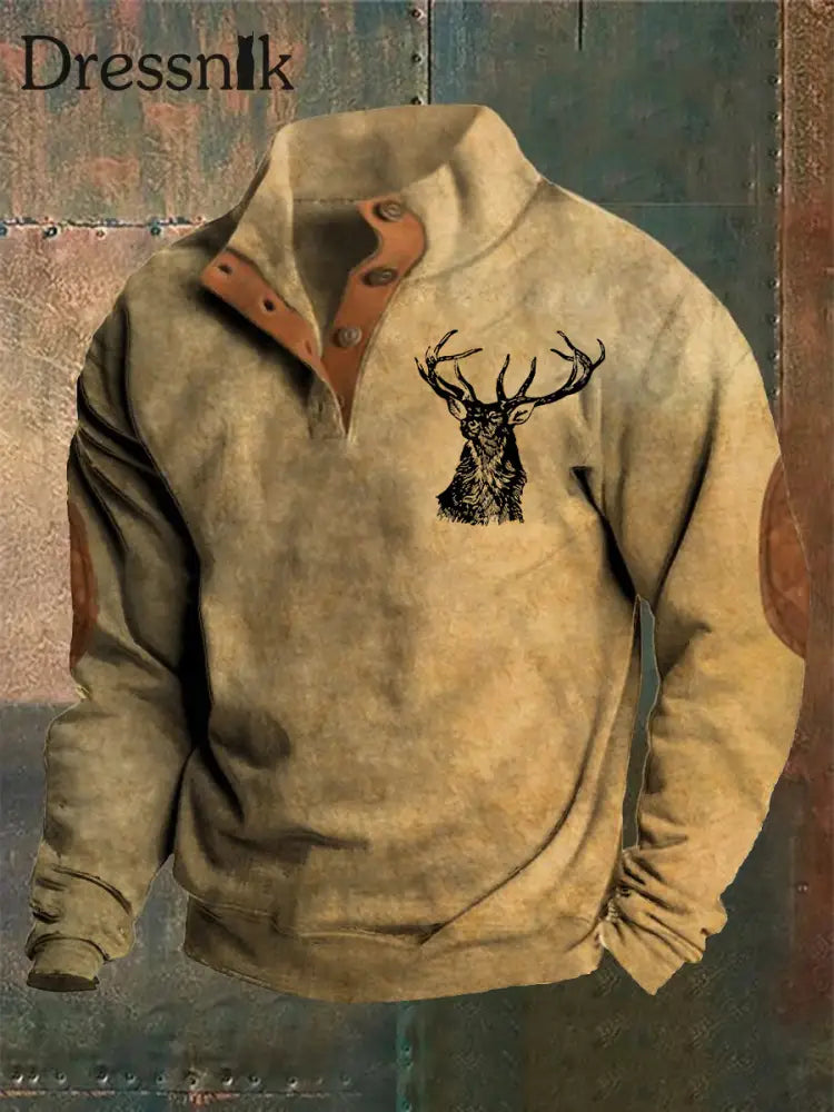 Herren Vintage Western Stag Print lässig Lose Langarm Sweatshirt Khaki / S