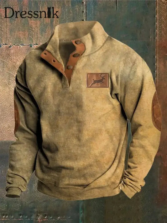 Herren Vintage Western Stag Print lässig Lose Langarm Sweatshirt Khaki / S
