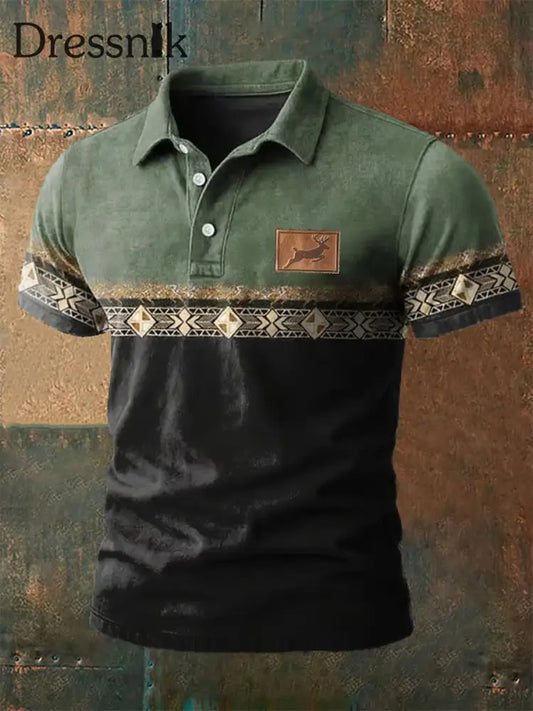 Herren Vintage Western Stag Print Lässiges Kurzarm Top als bild / S