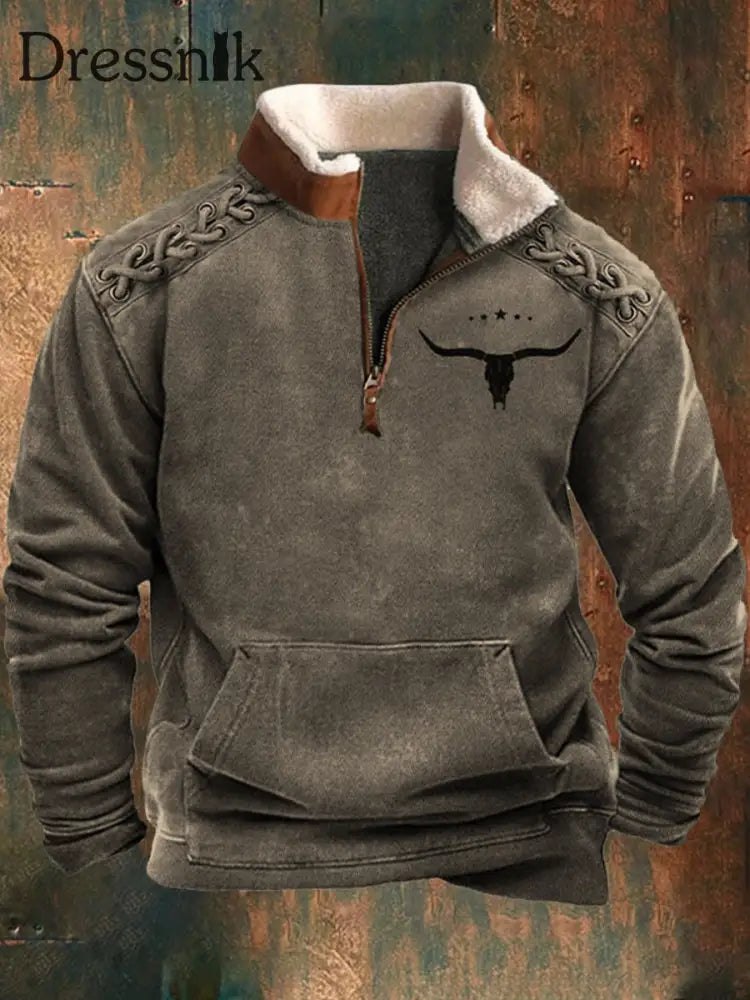 Herren Vintage Western Style OX-Kopf Silhouette 3D-Druck Retro Pelzkragen Reiß verschluss Flush Outdoor Sweatshirt