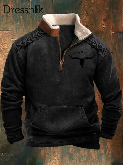 Herren Vintage Western Style OX-Kopf Silhouette 3D-Druck Retro Pelzkragen Reiß verschluss Flush Outdoor Sweatshirt A / S