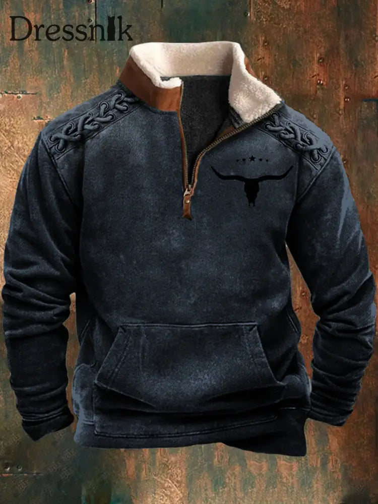 Herren Vintage Western Style OX-Kopf Silhouette 3D-Druck Retro Pelzkragen Reiß verschluss Flush Outdoor Sweatshirt B / S