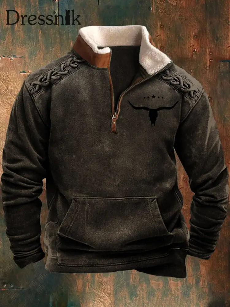 Herren Vintage Western Style OX-Kopf Silhouette 3D-Druck Retro Pelzkragen Reiß verschluss Flush Outdoor Sweatshirt C / S