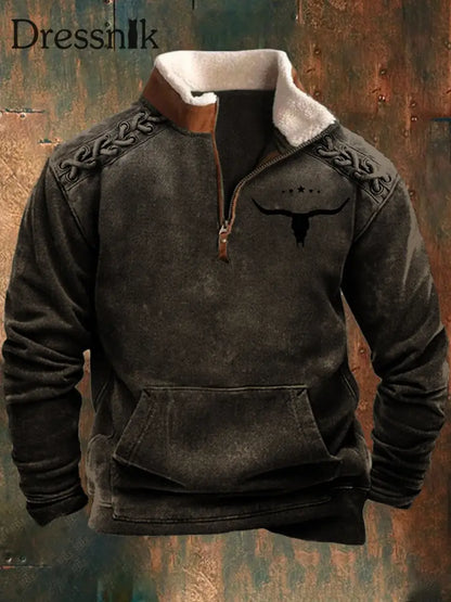 Herren Vintage Western Style OX-Kopf Silhouette 3D-Druck Retro Pelzkragen Reiß verschluss Flush Outdoor Sweatshirt C / S