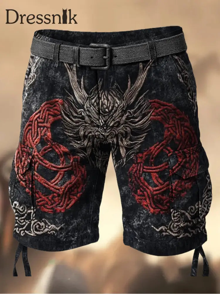 Herren Vintage Wikinger Mythos Drachen Totem Keltischer Knoten bedruckte Textur Casual Cargo Shorts A / M