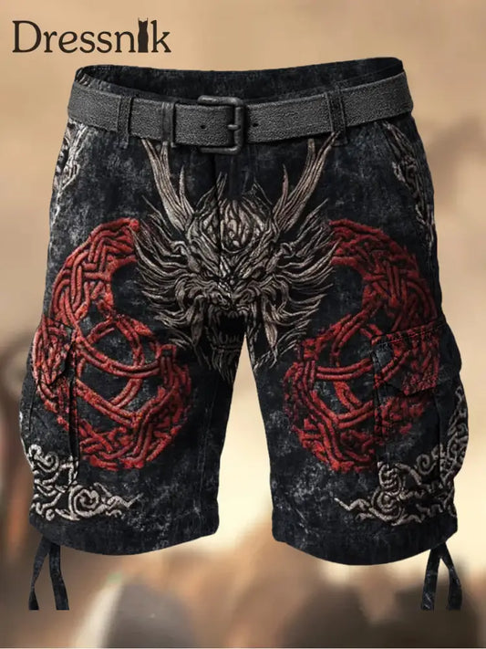 Herren Vintage Wikinger Mythos Drachen Totem Keltischer Knoten bedruckte Textur Casual Cargo Shorts A / M