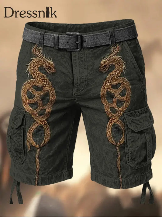 Herren Vintage Wikinger Mythos Drachen Totem Keltischer Knoten bedruckte Textur Casual Cargo Shorts A / M