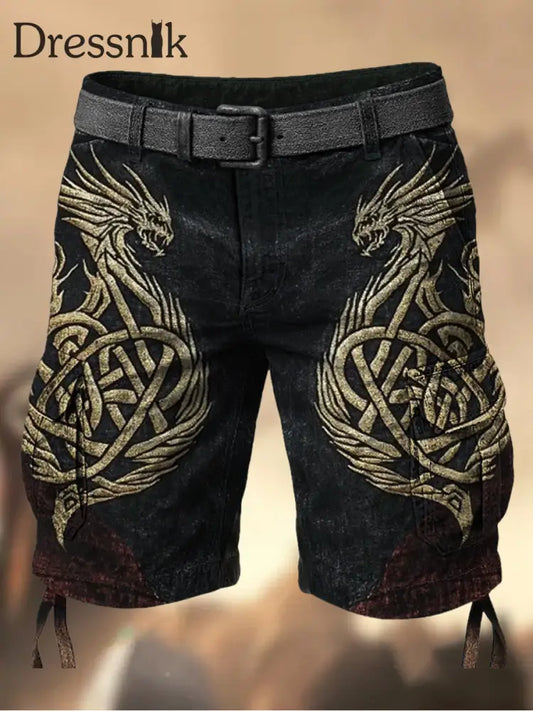 Herren Vintage Wikinger Mythos Drachen Totem Keltischer Knoten bedruckte Textur Casual Cargo Shorts A / M