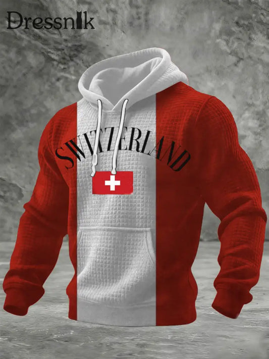 Herren Waffel-Strick-Kapuzen pullover mit rot-weiß gestreiften Schweizer Kreuz druck mehrfarbig / S