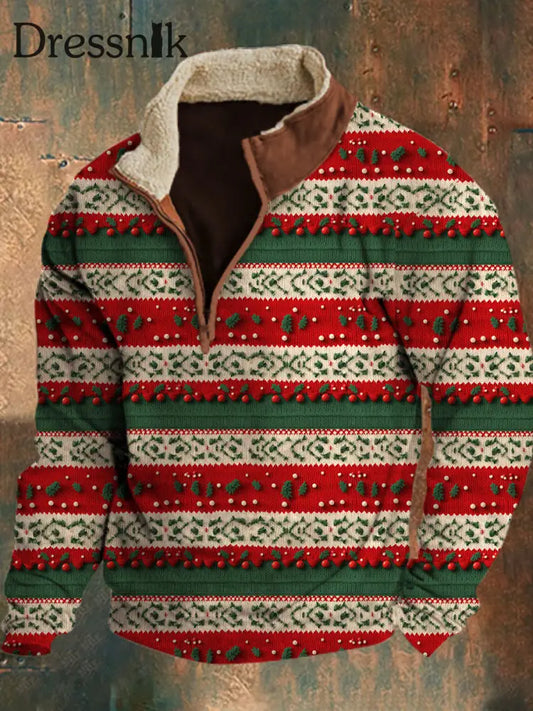 Herren Weihnachten Vintage Gestreiftes Strickmuster Pelz kragen Reiß verschluss Flush Outdoor Sweatshirt A / S