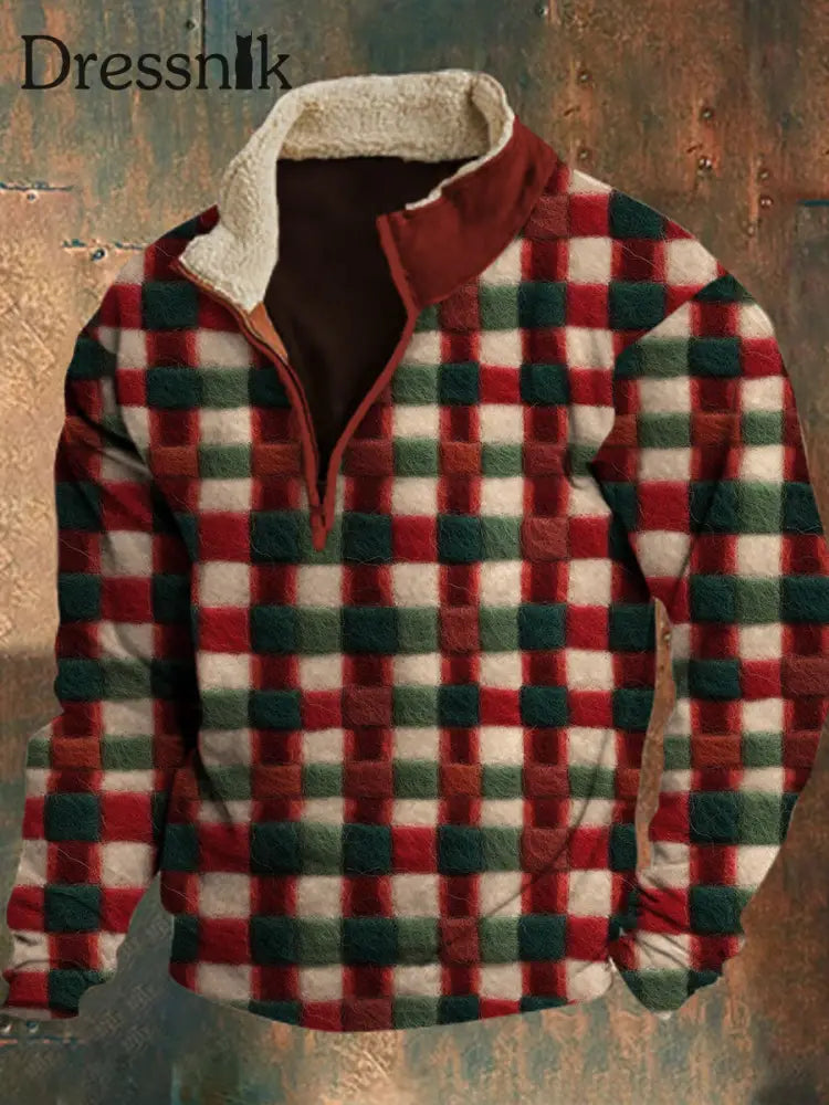 Herren-Weihnachtsflanell-Rot-Grün-Gitter-Print-Pelzkragen-Reiß verschluss bündig Outdoor-Sweatshirt A / S