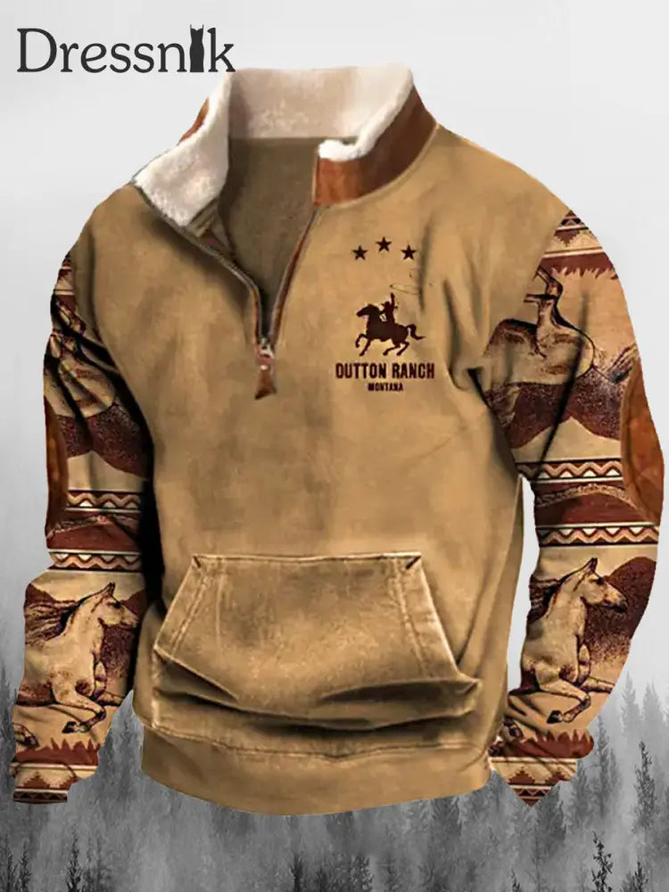 Herren West Cowboy Ranch Print Verdickter Pelz Kragen Reiß Verschluss Flush Outdoor Sweatshirt A / S