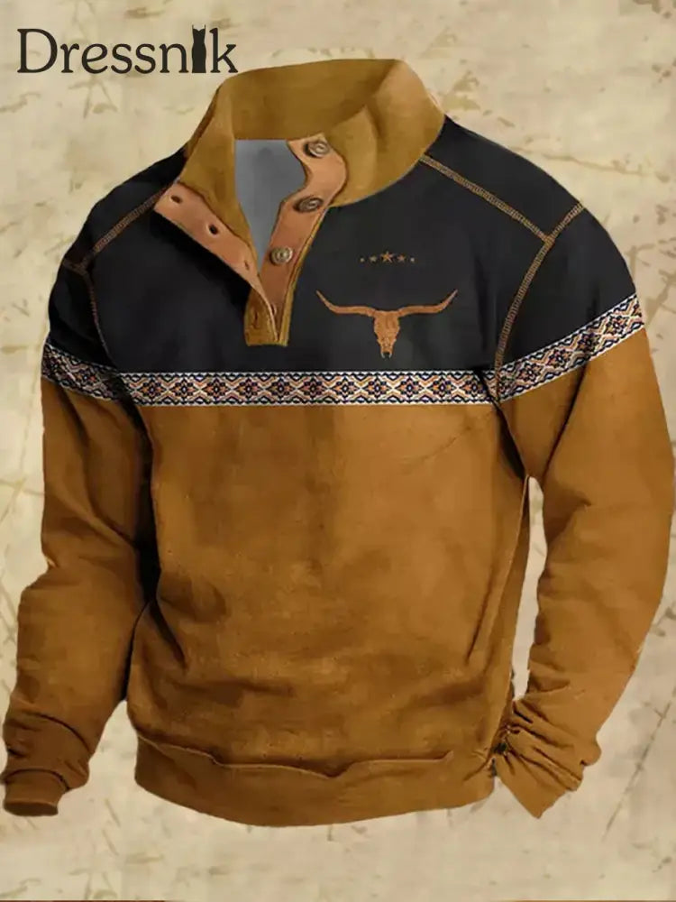 Herren West Cowboy Spleißen Druck lässig lose Stand kragen Knopf Sweatshirt