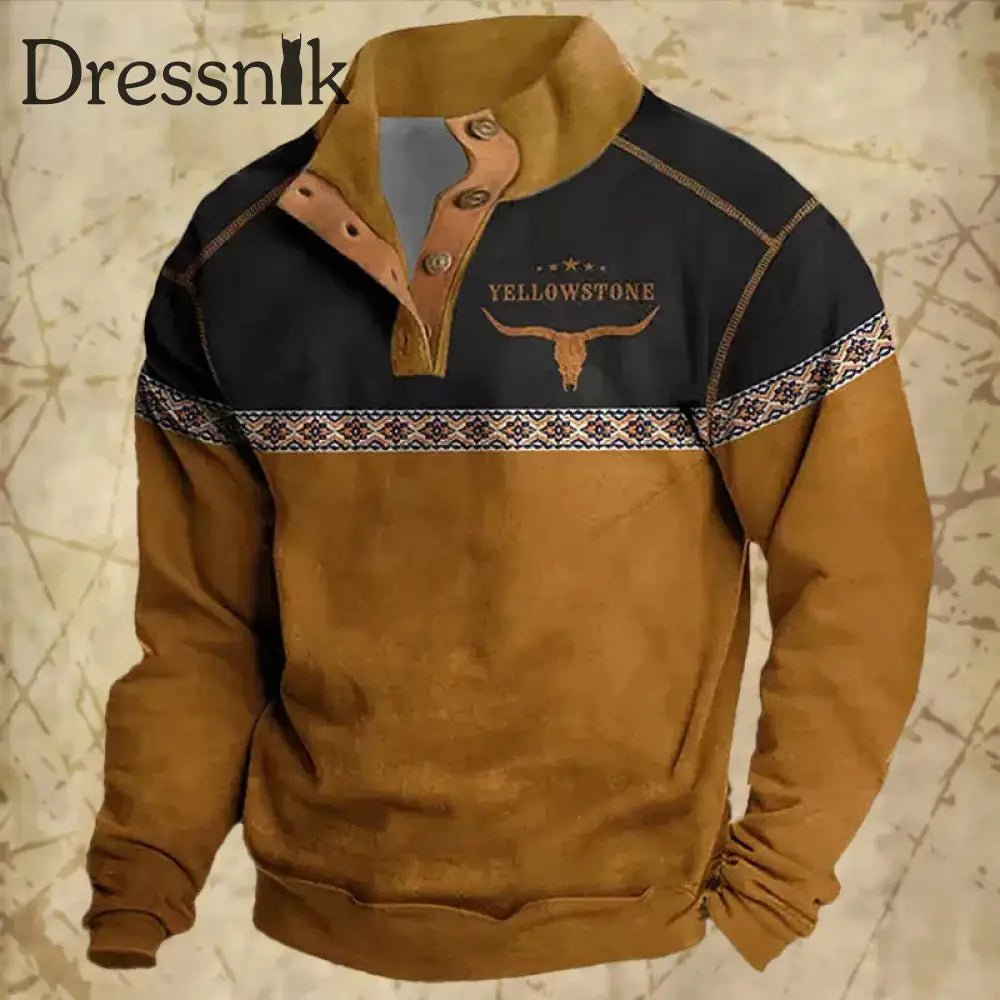 Herren West Cowboy Spleißen Druck Lässig Lose Stand Kragen Knopf Sweatshirt A / S