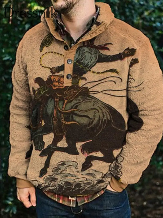 Herren West Cowboy Stierkampf Bedrucktes Flauschiges Fleece-Revers-Knopf-Kragen-Lässiges Lockiges