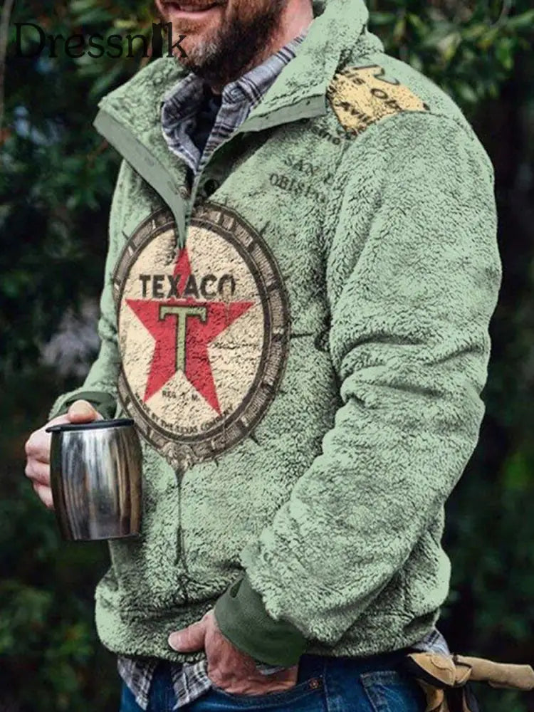 Herren West Cowboy Texaco Bedrucktes Flauschiges Fleece-Revers-Knopf-Kragen-Lässiges Lockiges