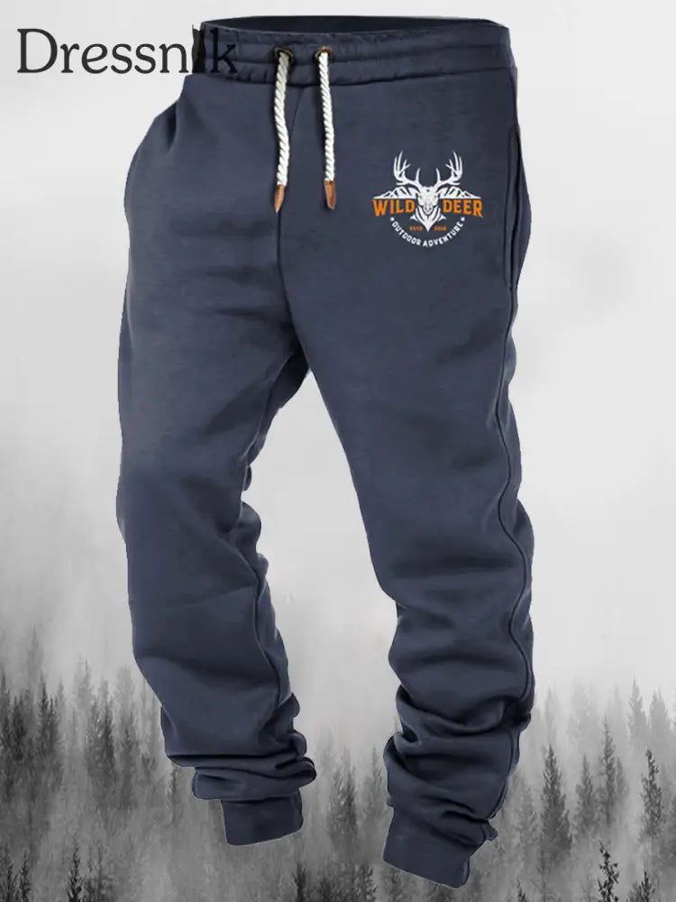 Herren West Wild Deer Print Kordel Zug Elastische Kraft Füße Lässige Sport Dicke Hosen D / M