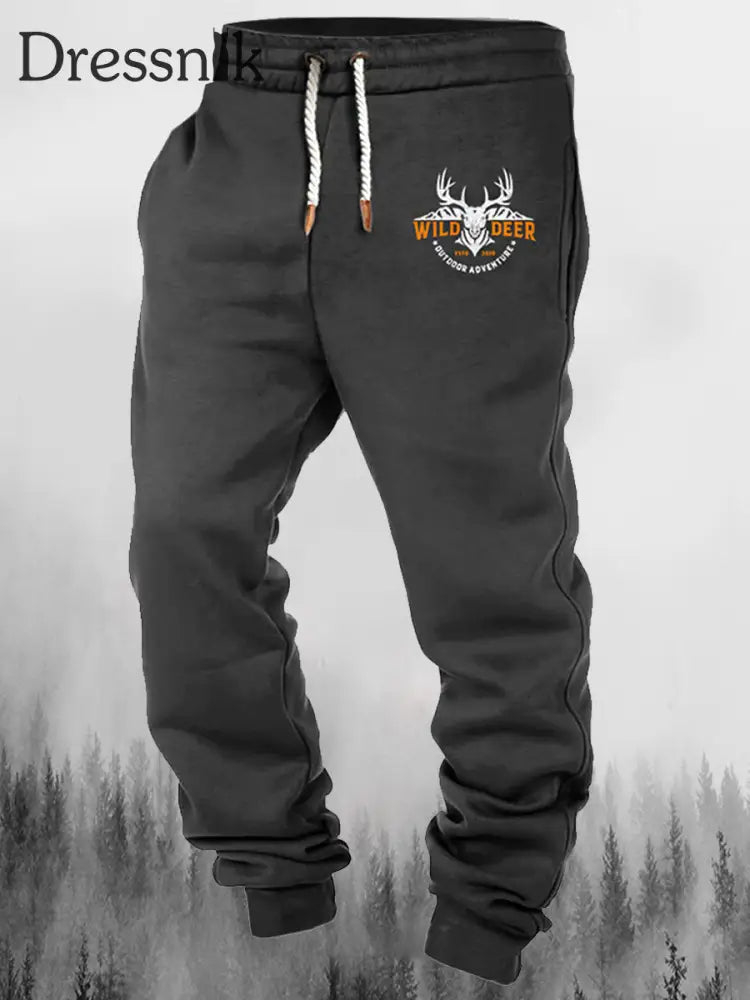 Herren West Wild Deer Print Kordel Zug Elastische Kraft Füße Lässige Sport Dicke Hosen E / M