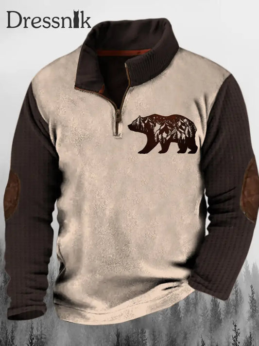 Herren Western Braun Bär Holz Kunst Druck Stand Kragen Knopf Flush Outdoor Sweatshirt A / S