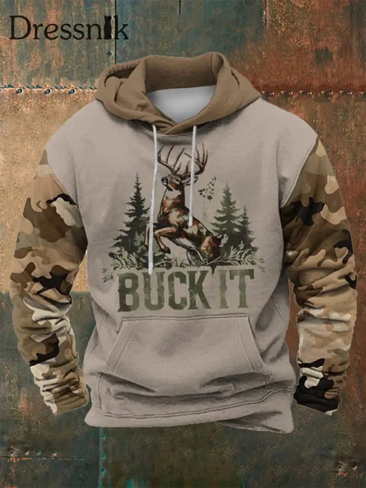 Herren Western Deer Head 3D Camouflage Übergroßer Hoodie Khaki / S
