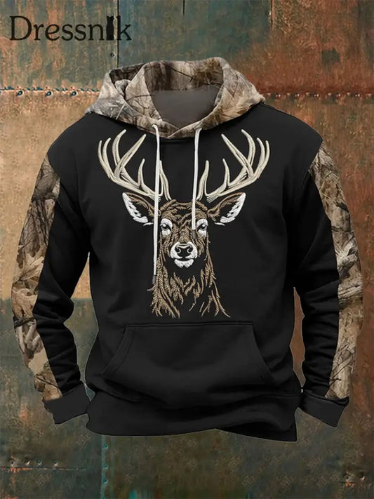Herren Western Deer Head 3D Camouflage Übergroßer Hoodie Schwarz / S