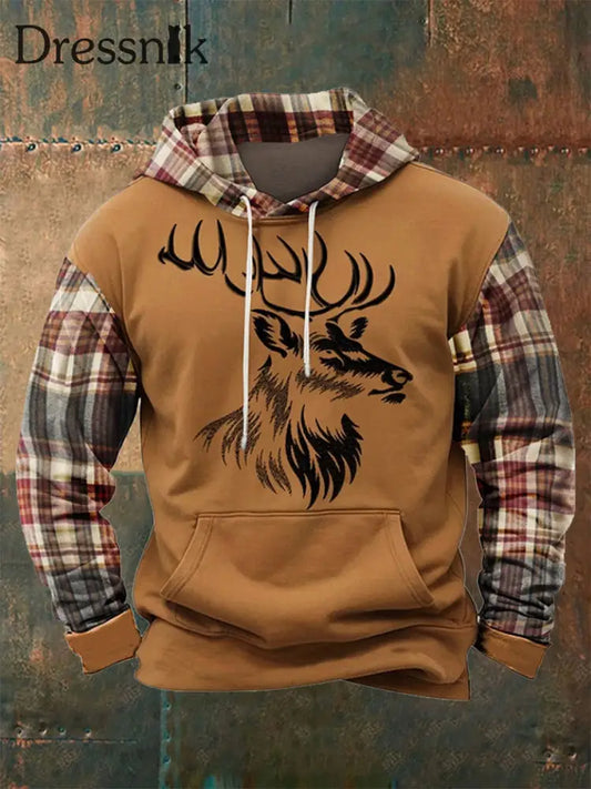 Herren Western Deer Head Plaid Übergroßer Hoodie Braun / S