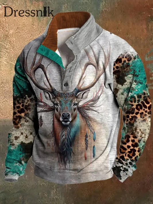 Herren Western Deer Leopard Print Stand Kragen Reiß Verschluss Flush Outdoor Sweatshirt A / S