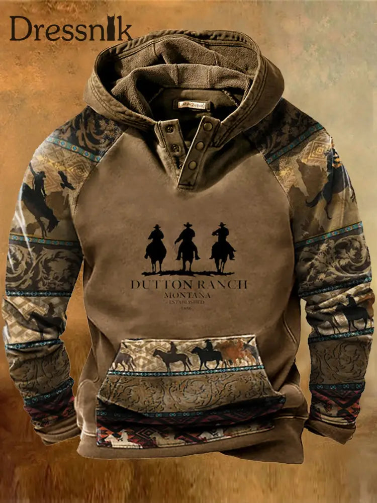 Herren Western Dutton Ranch Montana Print Lässig Lose Pullover Knopf Hoodie