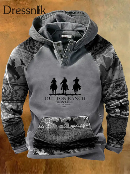 Herren Western Dutton Ranch Montana Print Lässig Lose Pullover Knopf Hoodie B / S