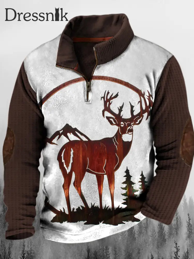 Herren Western Elk Holzmaserung Druck Stand Kragen Knopf Flush Outdoor Sweatshirt A / S