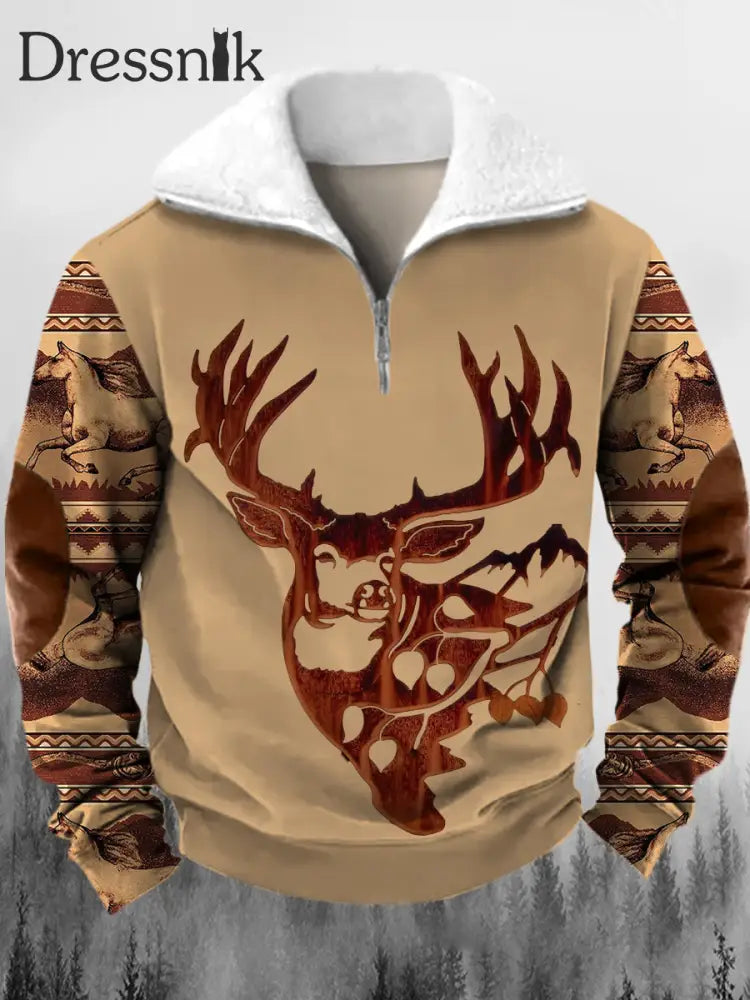 Herren Western Elk Holzmaserung Druck Verdickter Pelzkragen Reiß Verschluss Flush Outdoor