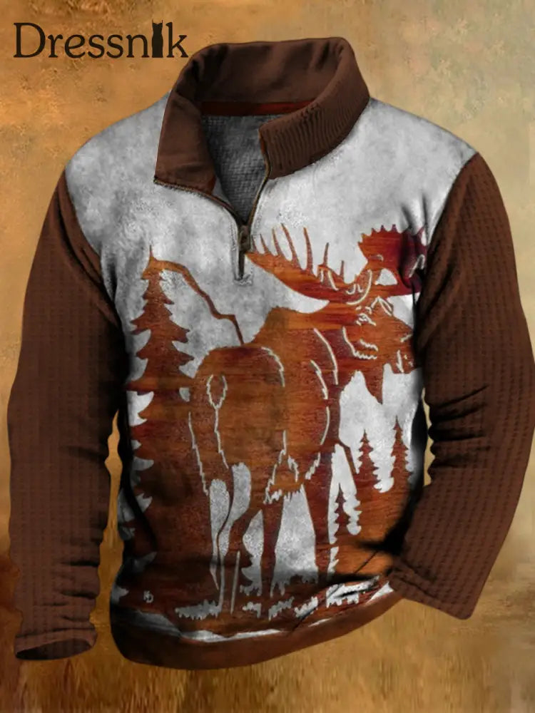 Herren Western Elk Holzmaserung Revers Walf Checks Spleißen Reiß Verschluss Sweatshirt A / S