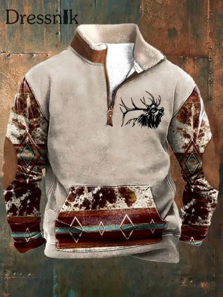 Herren Western Elk Muster Patchwork Print Stand Kragen Reiß Verschluss Flush Outdoor Sweatshirt A