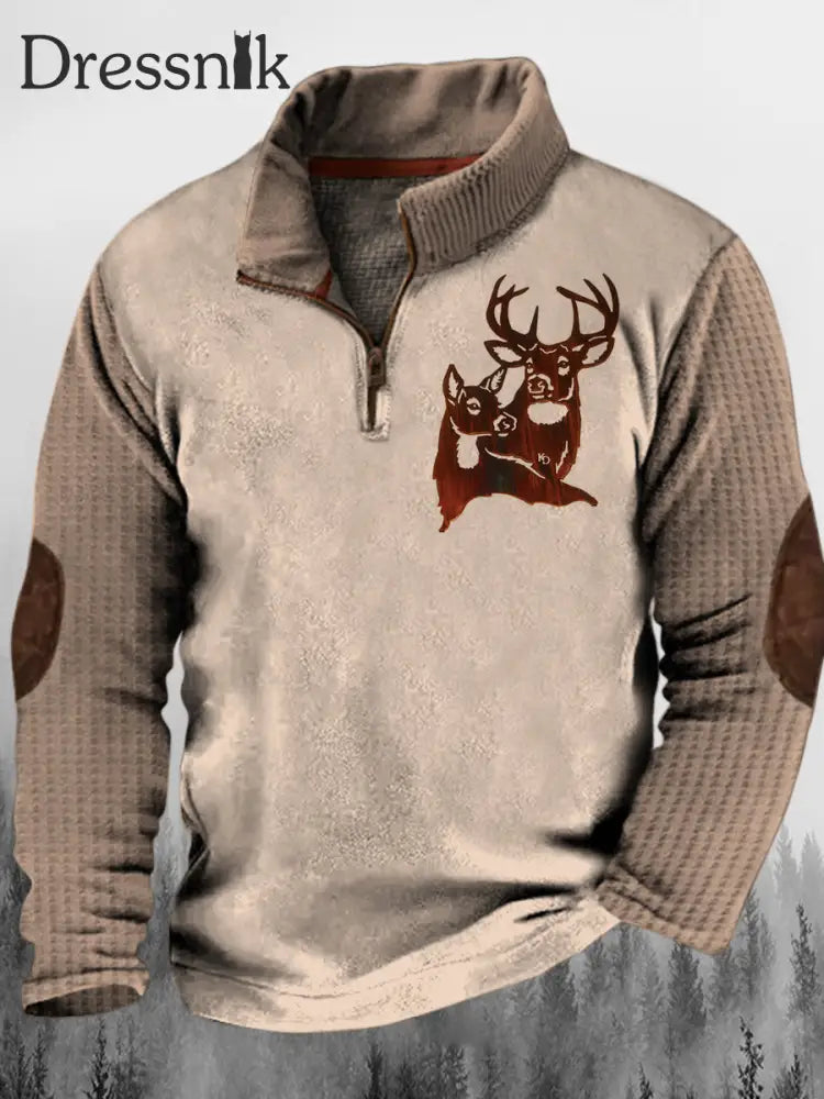 Herren Western Elk Paar Print Stand Kragen Knopf Flush Outdoor Sweatshirt A / S