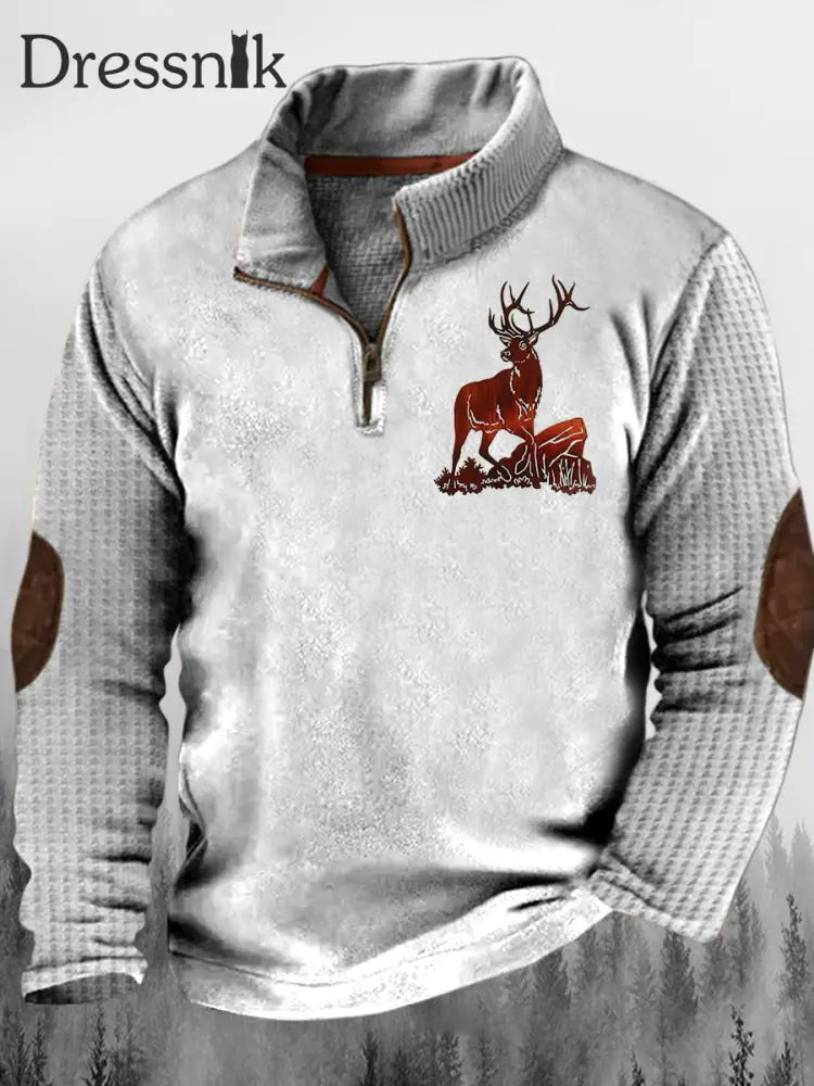 Herren Western Elk Rock Stone Print Stand Kragen Knopf Flush Outdoor Sweatshirt A / S