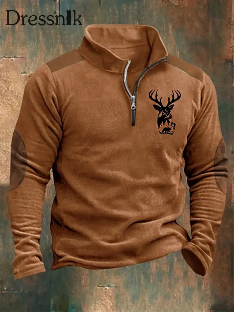 Herren Western Elk Spleißen Druck Stand Kragen Reiß Verschluss Flush Outdoor Sweatshirt