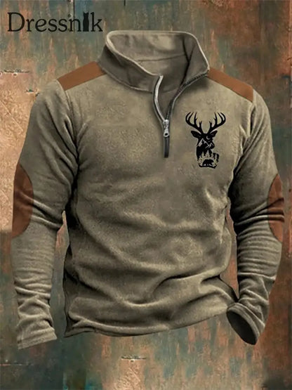 Herren Western Elk Spleißen Druck Stand Kragen Reiß Verschluss Flush Outdoor Sweatshirt