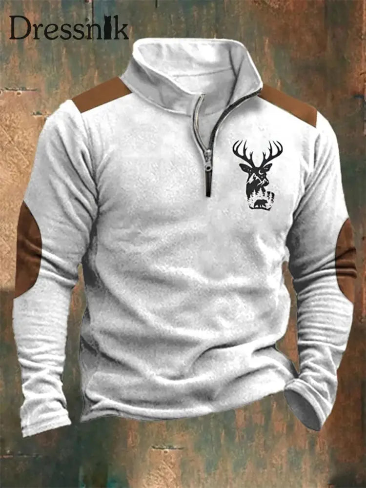 Herren Western Elk Spleißen Druck Stand Kragen Reiß Verschluss Flush Outdoor Sweatshirt A / S