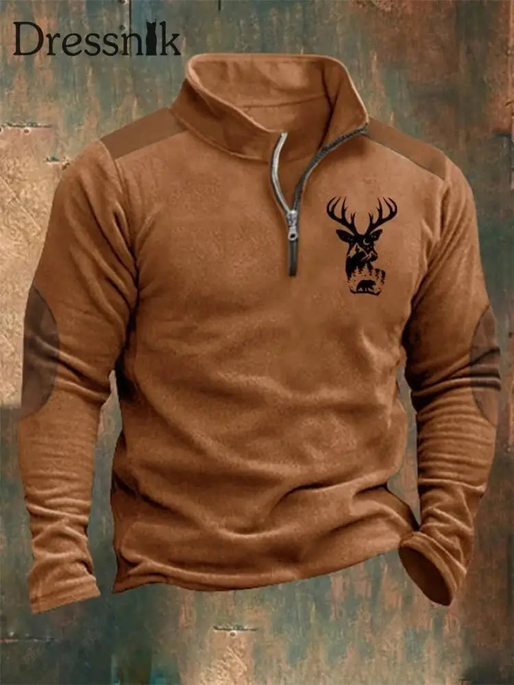 Herren Western Elk Spleißen Druck Stand Kragen Reiß Verschluss Flush Outdoor Sweatshirt C / S