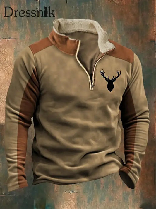 Herren Western Elk Spleißen Druck Stand Pelz Kragen Reiß Verschluss Flush Outdoor Sweatshirt