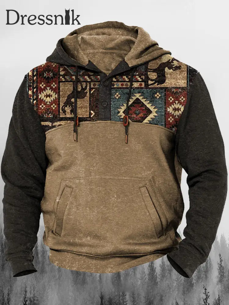 Herren Western Elk Totem Patchwork Print Button Kragen Lässig Lose Outdoor-Kordel Zug Hoodie A / S